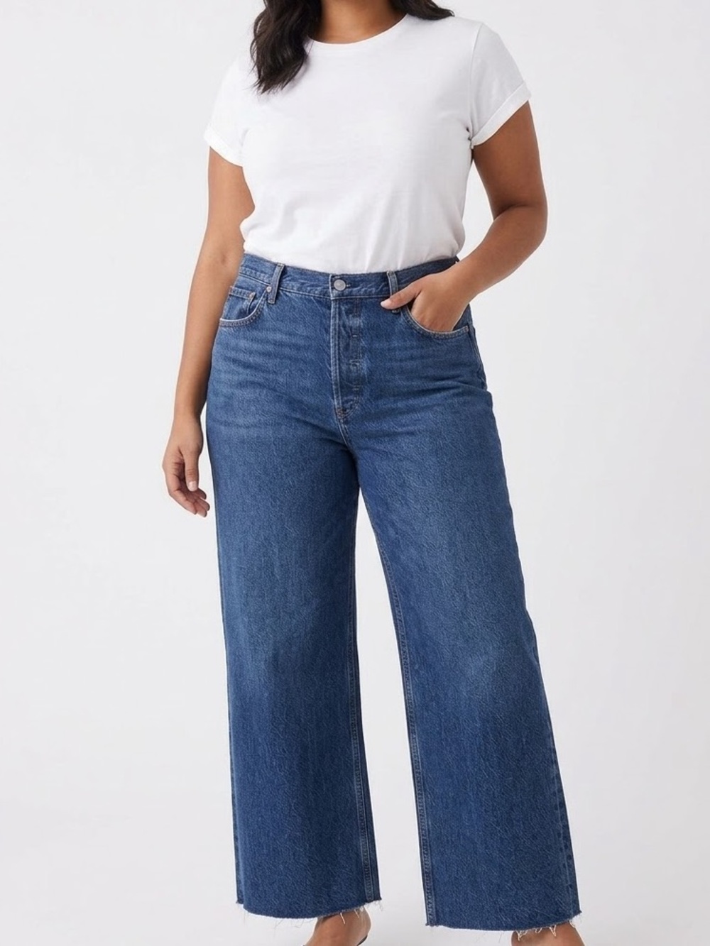 AGOLDE High Rise Wide Leg Raw Hem Jeans Size 31 Medium Wash Blue